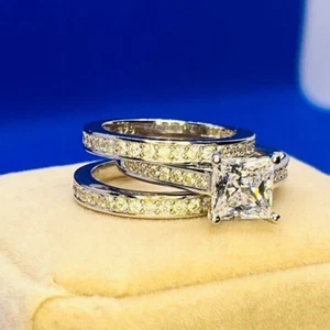 2.5ct Princess Cut Moissanite DEF Wedding Bridal Ring Set 14k White Gold Plated - Picture 1 of 13