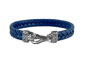 PULSERA DE CUERO TRENZADO AZUL CADENA CLÁSICA ASLI PLATA SANTA JOHN HARDY TALLA M NUEVA - Imagen 1 de 7