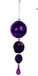 Christbaumschmuck Pailletten bedeckt hängend drei Kugeln & baumeln lila Vintage - Bild 1 von 5