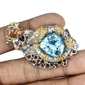 925 Plata de Ley Broche Topacio 17ct Zafiro Tsavorite Gema Hecho a Mano - Imagen 1 de 10