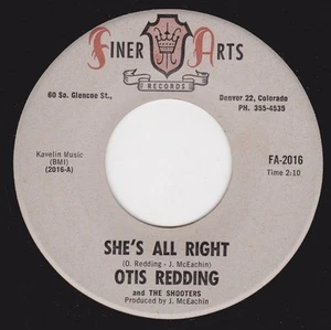 OTIS REDDING / SHOOTERS - "SHE'S ALL RIGHT" b/w "TUFF ENUFF" on FINER ARTS (M-) - Picture 1 of 2