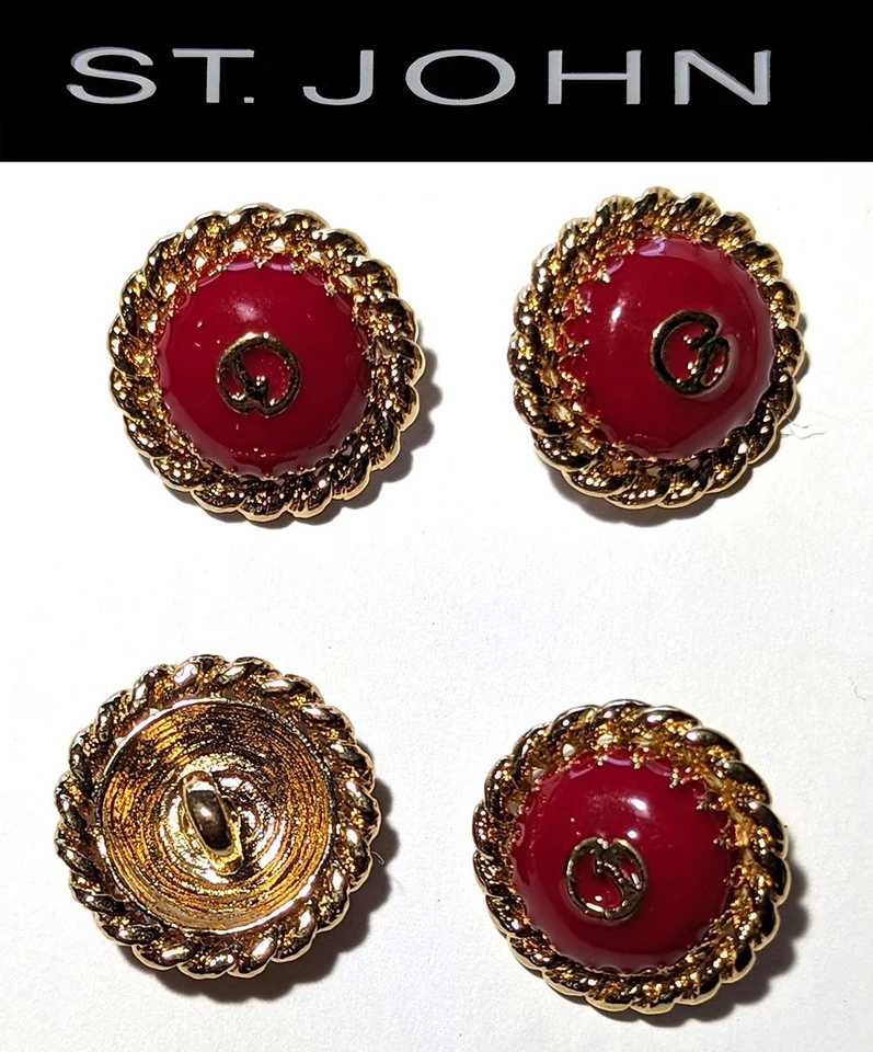 St John Knits Red Domed Enamel Gold Tone Logo Replacement Buttons  (4) - Image 1 of 1