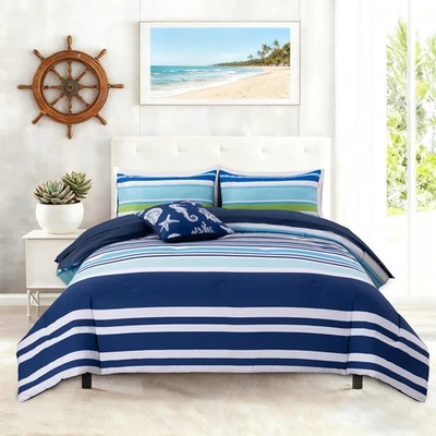 Juegos de cama a rayas de playa 6 piezas, juego de edredón a rayas costeras azul marino Q... Foto 1 de 4