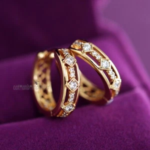 9K ROSE GOLD GF Diamond Pattern Eternity Band Lady HOOP EARRINGS Mother Her Gift - Picture 1 of 8