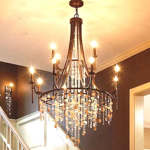 American style led crystal pendant light retro iron shell large chandelier Lamp - Picture 1 of 20