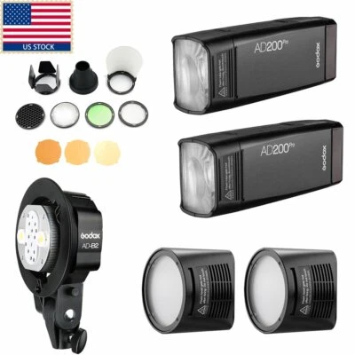 2x Godox AD200Pro Flash Light 200Ws+AK-R1 +H200R Round Head+AD-B2 Head F Wedding - Image 1 of 4