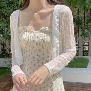 White Tie Up Summer Cardigan Women Sexy LongSleeve Sheer Mesh Crop Tops T Shirt• - Picture 1 of 25