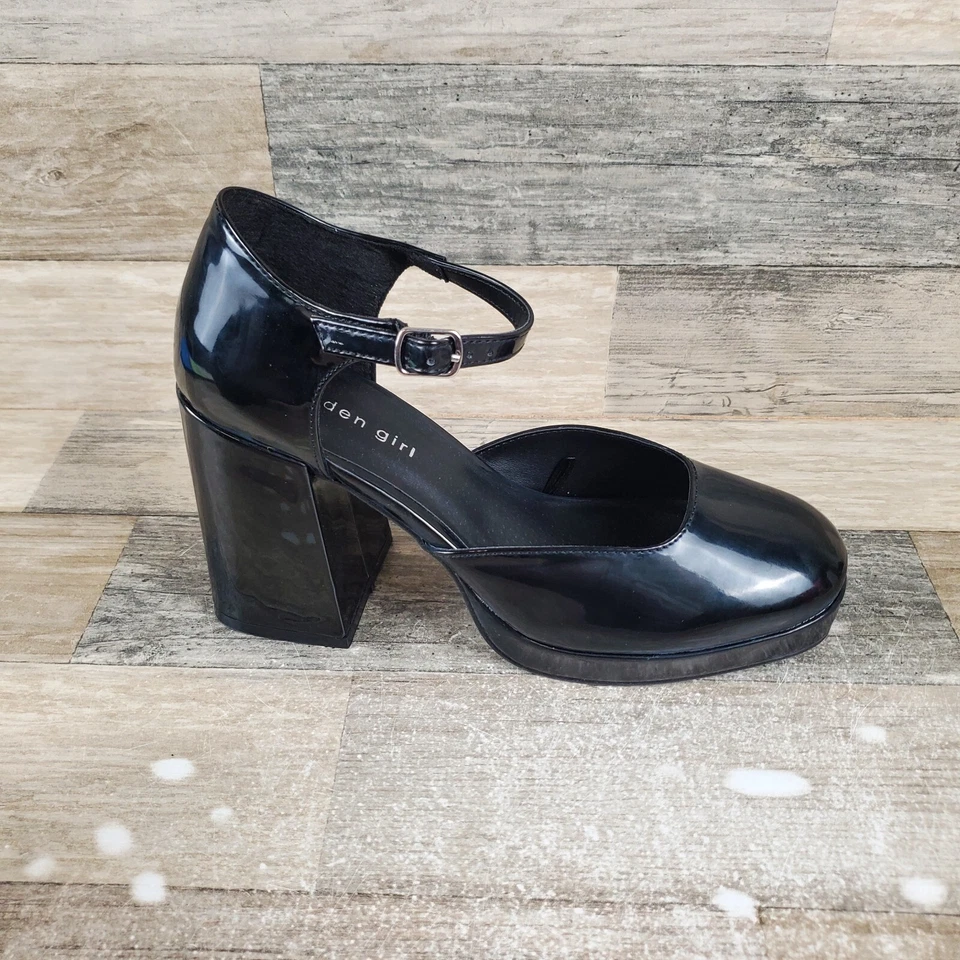 Madden Girl Oliverr Sandal Sz 8 M Black Patent Leather Ankle Strap High Heel - Image 1 of 4