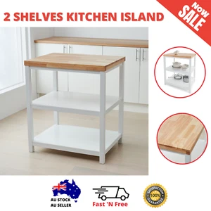 Wooden Kitchen Island Workbench Cart 2 Shelve Storage Rubberwood Top - Picture 1 of 7