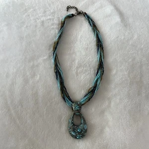 Turquoise Color Necklace With Seed Beads Cording Brass Pendant Blue Rhinestones - Picture 1 of 3