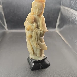 Vintage chinesischer handgeschnitzter Speckstein asiatische Frau Baby Stein Mutter Kind 6 Zoll groß - Bild 1 von 16
