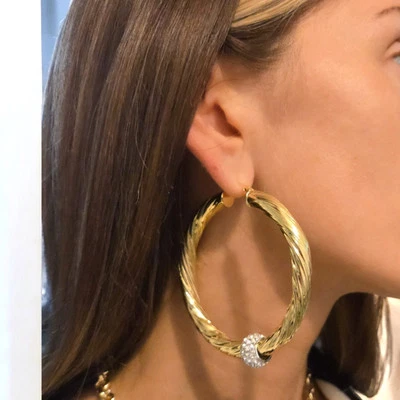 9ct Gold Guilded Hoops Large 70m Chunky Twist Hoop Earrings With Sparkly Balls ✨ - Image 1 of 4