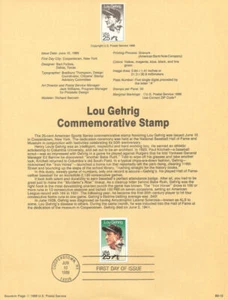 #8915 25c Lou Gehrig Stamp #2417 USPS Souvenir Page - Picture 1 of 1