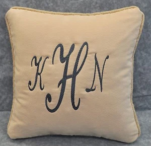 Embroidered Personalized Initial Pillow made w Faux Cream Suede Fabric 14" cord - Picture 1 of 3