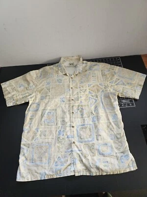 Camisa masculina Bamboo Cay havaiana geométrica estampa tapa S/S botão para cima tamanho XL bege - Imagem 1 de 4