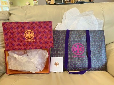 "Bolsa de regalo de papel rosa púrpura TORY BURCH 16x12x6"" caja de zapatos vacía 11,75x6,75x4""" Foto 1 de 4