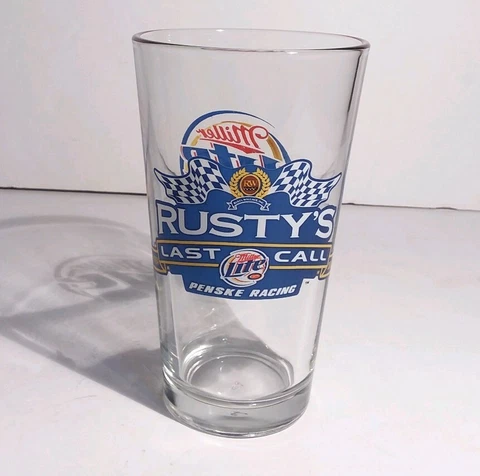 Miller Lite Penske Racing Rustys Last Call Beer Pint Glass 5 3/4 Inches Tall Cover
