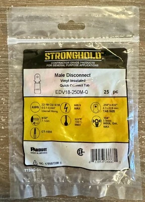 25 PCS Male Disconnect Vinyl Insulated EDV18-250M-Q Quick Connect Tab 22-18 CU - Image 1 of 4