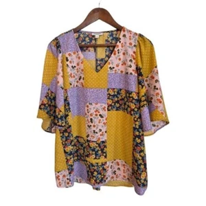 Andree By Unit Womens Multi Print Traditional Top V Neck Multicolor Medium - Picture 1 of 13