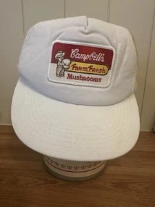 Vintage Campbell Farm Fresh Mushrooms Trucker Hat Mesh Snapback WHITE - Picture 1 of 5