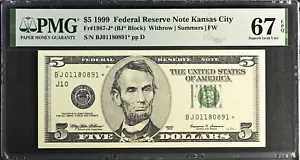 1999 $5 Federal Reserve Note Fr-1987-J* Kansas City PMG67 Superb Gem PPQ - Picture 1 of 2