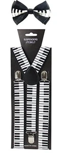 Adult BW Piano Keys Suspenders and Bow Tie Set Adjustable Wedding Prom - Picture 1 of 1