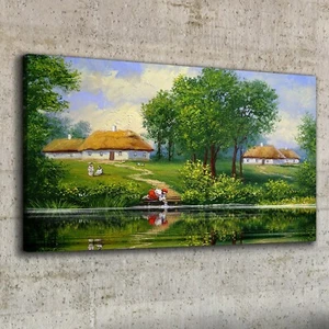 Canvas Wandbild Leinwand Bilder 100x50 Dorfbewohner Hütten Bäume Wasser - Bild 1 von 11