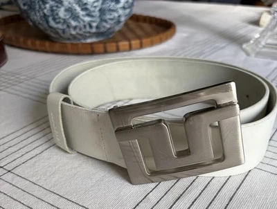 Cinturón de cuero blanco grueso J Lindeberg 38 x 1,75 hebilla plateada para golf hecho en Italia Foto 1 de 4
