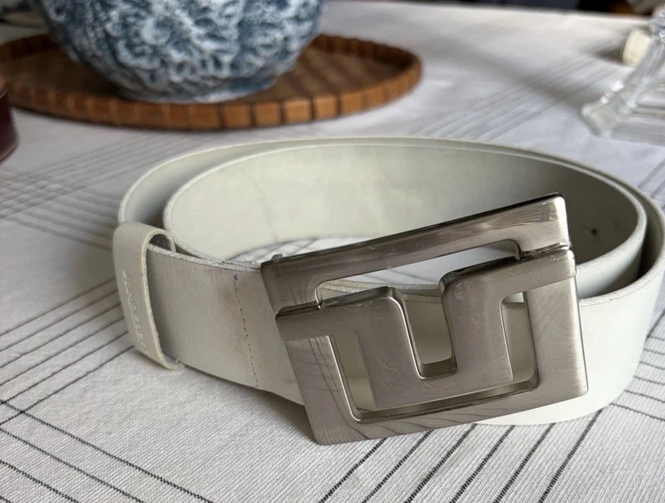 Cinturón de cuero blanco grueso J Lindeberg 38 x 1,75 hebilla plateada para golf hecho en Italia Foto 1 de 4