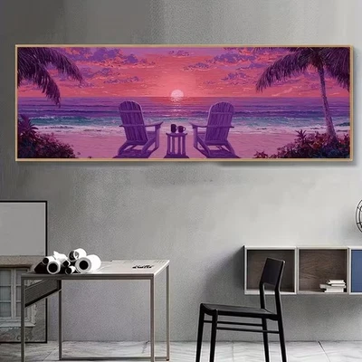 Panoramic View of Vintage Beach Sunset Canvas Print Wall Art Home Decor - Image 1 of 4
