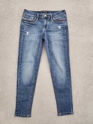 Pantalones de mezclilla White House Black Market para mujer 4 desgastados ajustados elásticos con tachuelas Foto 1 de 4