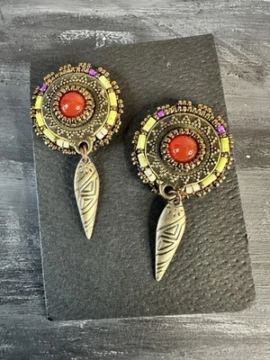 Heidi Kimmli Designs Bead Embroidered Round Earrings With Silver Feather - Image 1 of 4