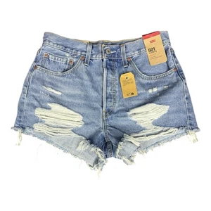Levi's 501 Distressed High Rise Denim Shorts Size W30 Button Fly NWT 100% Cotton - Picture 1 of 12