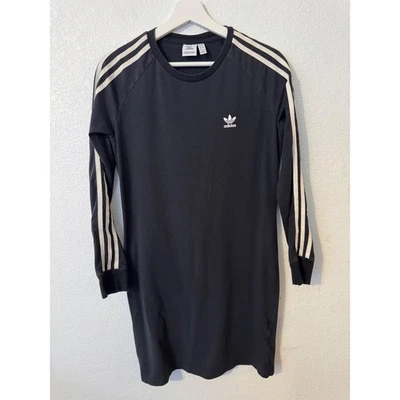Adidas Girls Youth 3 Stripe Long Sleeve T-Shirt Dress Black Trefoil Logo - Image 1 of 4