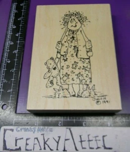 OLD LADY CURLERS SLIPPERS TEDDY WOMAN RUBBER STAMP JUDITH S02 CREAKYATT - Picture 1 of 2