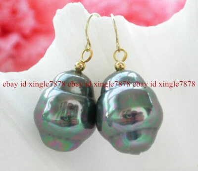 Rare Huge 17-19mm Rainbow Black South Sea Shell Pearl Dangle Earrings - Image 1 of 4