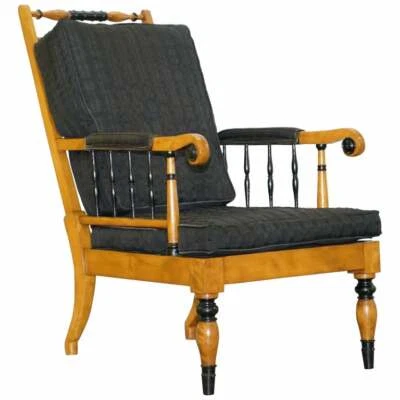ANTIQUE SATIN BIRCH WOOD SWEDISH BIEDERMEIER LIBRARY READING ARMCHAIR EBONISHED - Image 1 of 4