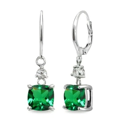 Kissen-Schliff Simulierte Smaragd & Weiß Topas 925 Silber Lang Brisuren Ohrringe - Bild 1 von 4