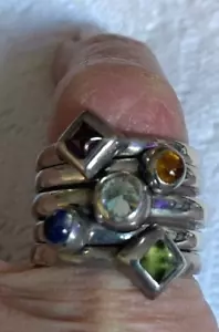 VINTAGE MARGO MANHATTAN STERLING 5 SEMI-PRECIOUS STONE STACKING RINGS - Picture 1 of 12