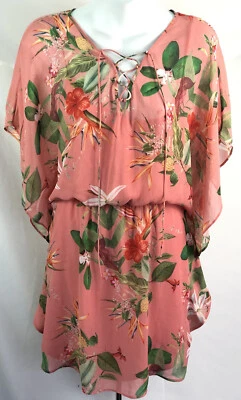 Экспресс шифоновое мини-платье M розовый цветочный шнурует вверх оборки кокосовый девочка тропический - Изображение 1 из 4