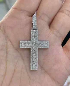 1.70Ct Round Cut Moissanite Cross Charm Men's Pendant In 14K White Gold Plated - Picture 1 of 6