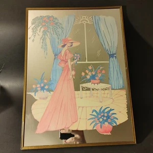 Vintage 1970's Mirror Art Lady at window in pink PICTURE Wall Frame 11" x 15" - Picture 1 of 2