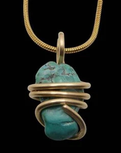 Gorgeous Hand Forged Natural Blue Turquoise Pendant Bronze Merlin's Gold #56 - Picture 1 of 3
