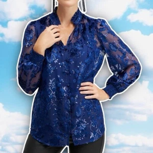 Sz 12 NWOT Chico's Velvet Burnout Floral Print Blouse Navy Blue Regency Career - Picture 1 of 13