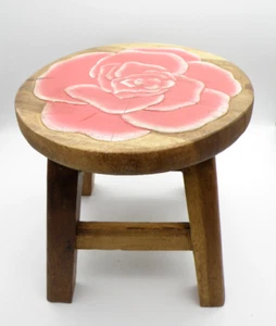 Vintage Hand Painted Carved Rose Wooden Stool 10” Tall 1973 Kindergarten Plus - Picture 1 of 17