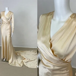 Antique 1930s Bias Cut Silk Long Sleeve Wedding Gown Cream Bridal Dress As Is - Picture 1 of 18