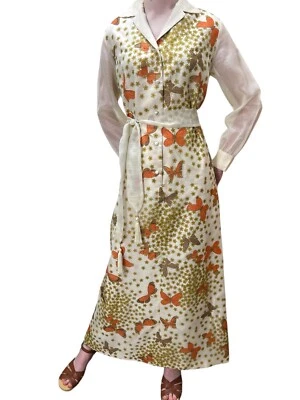 Vtg 70s Sz  L Shaheen Maxi Dress Belted Butterflies Signed Hawaiian Sheath - Image 1 of 4