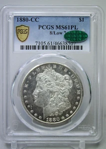 1880-CC 8/Low 7 Morgan Silver Dollar PCGS MS61PL Green CAC #8507 - Picture 1 of 4
