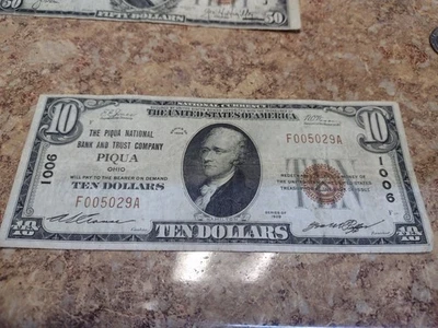 $10 1929 Piqua City Ohio OH National Currency Bank Note Bill  Nice Very Rare  - Image 1 of 4