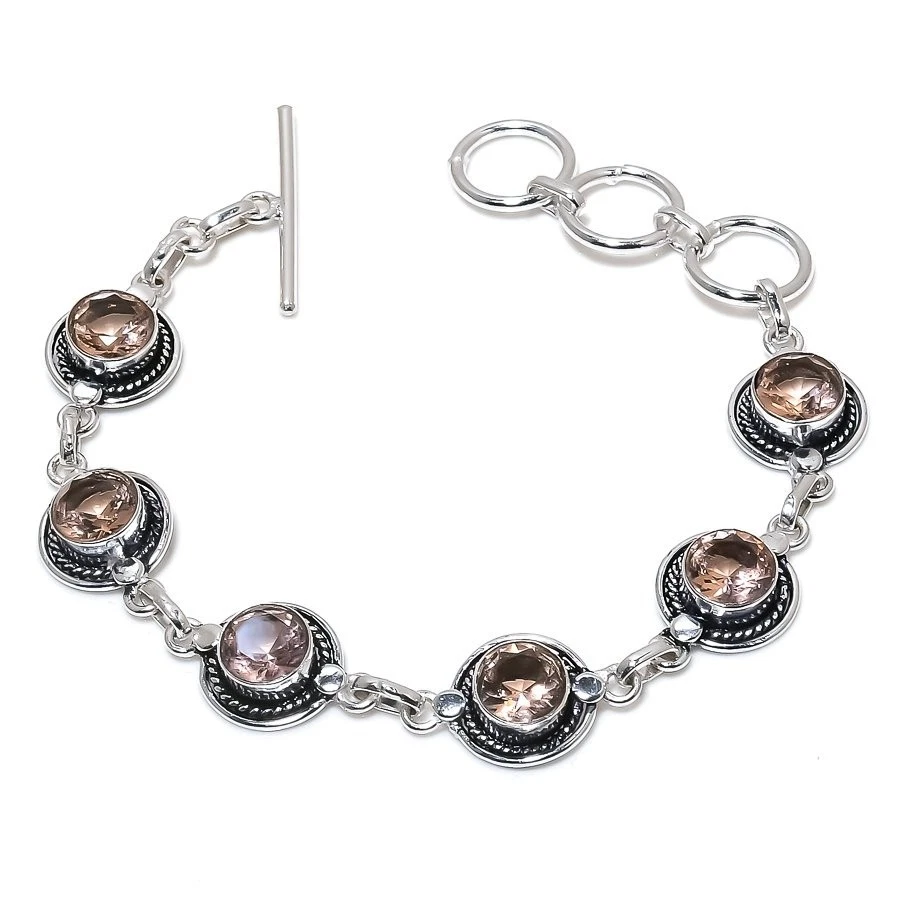 Brazalete de joyería de plata de ley 925 hecho a mano con piedras preciosas de morganita melocotón tamaño 7-8" Foto 1 de 1